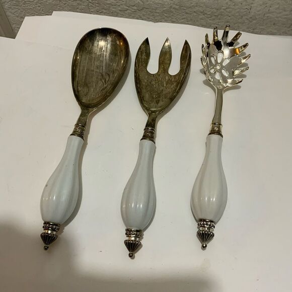 Godinger Art Co. Silver Plated 3 Pc. Hostess Serving Set w/ Porcelain Handle G2 - Picture 3 of 7